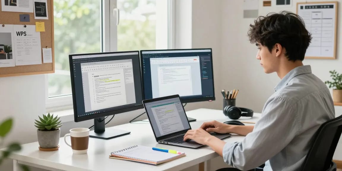 WPS Download - Professional in a bright home office using WPS Office on laptop with dual monitors.