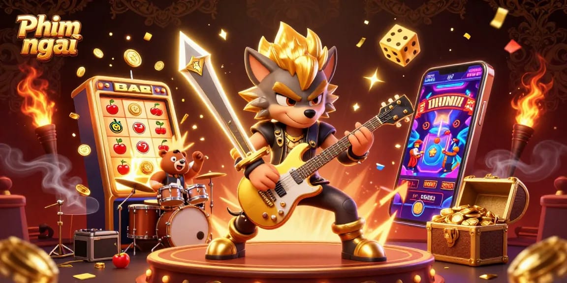 Experience the thrill of Phim mới with a vibrant casino stage featuring a rock star wolf and golden jackpot elements.