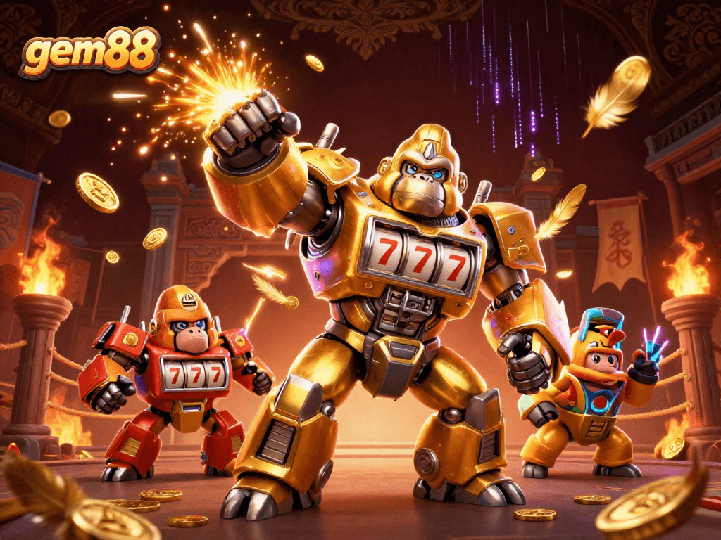Experience thrilling gameplay with the gem88 gorilla mech amidst swirling coins and casino excitement.