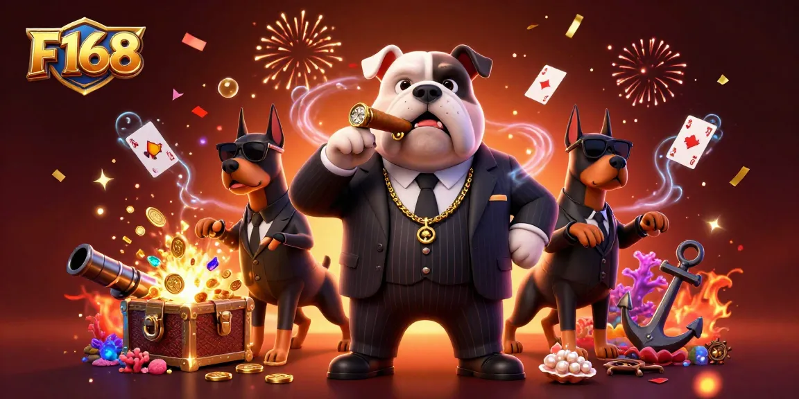 Experience the thrill of winning with F168's vibrant casino adventure featuring an animated mafia boss.