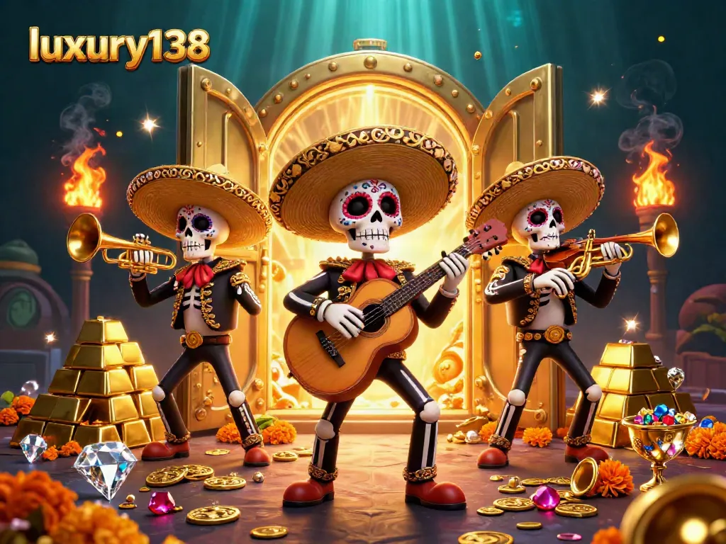 Engage in thrilling gameplay with luxury138, featuring a vibrant 3D mariachi band amidst treasure elements.
