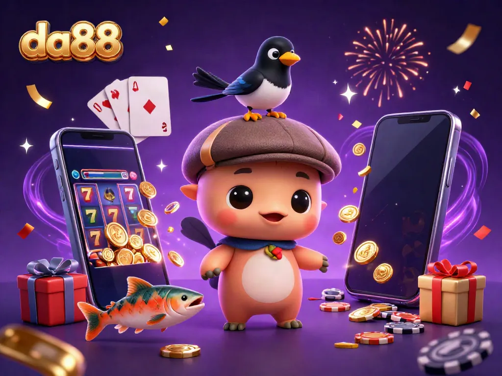 Experience the excitement of da88 with a fun scene showcasing colorful slot games, animated characters, and celebratory fireworks.