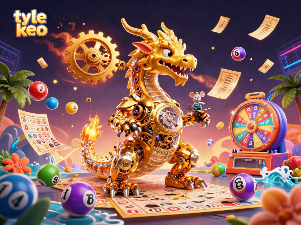 Experience ty le keo excitement as a golden dragon breathes gears, surrounded by vibrant lottery elements.