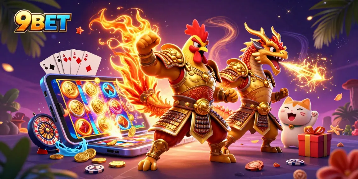 9BET showcases a fierce rooster warrior and dragon hatchling amid dynamic casino elements.