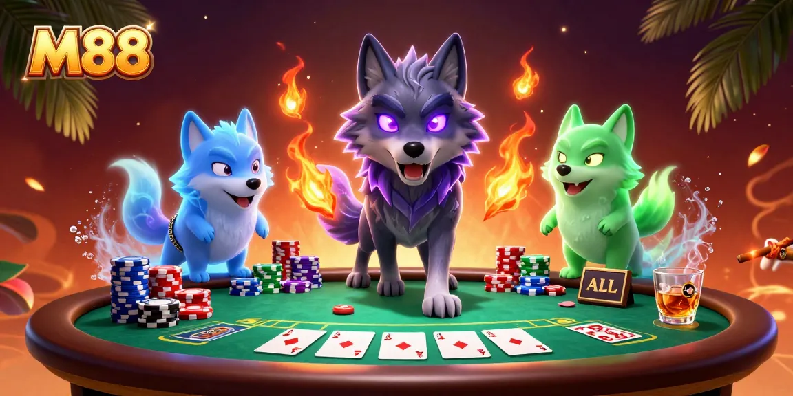 Experience thrilling poker moments with M88’s captivating 3D illustration featuring ghostly wolves.
