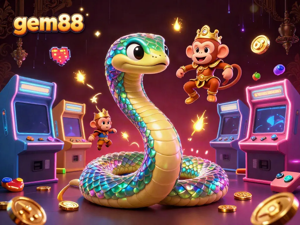 Engage with gem88's vibrant casino games featuring a rainbow serpent, playful monkey king, and arcade elements.