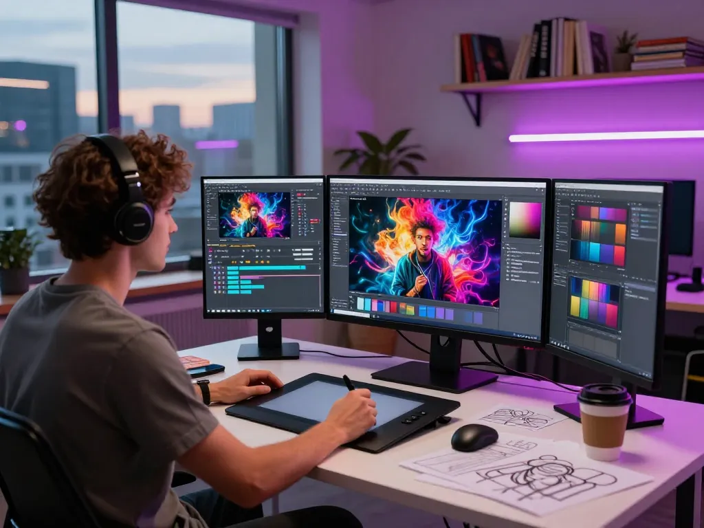 Artist creating AI porn visuals in an innovative digital workspace with multiple screens.
