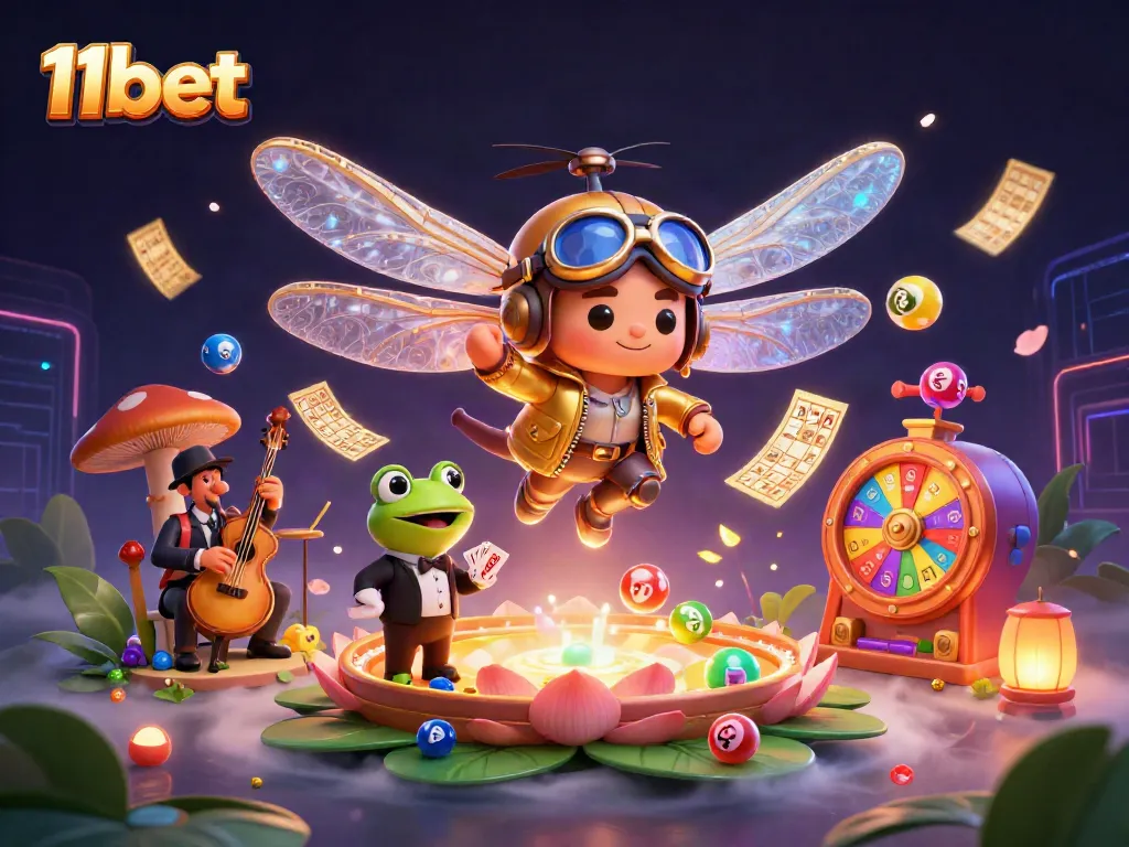 Engage in thrilling gameplay with 11bet as a dragonfly pilot oversees a lively casino scene filled with vibrant entertainment.