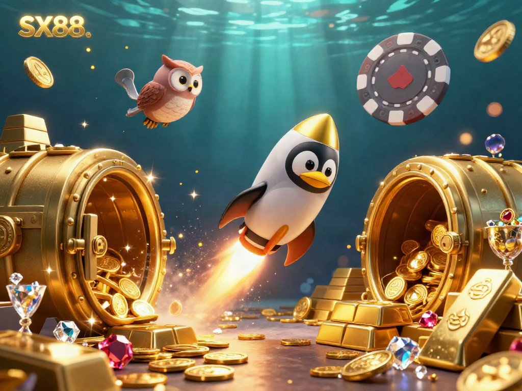 SX88 rocket-powered golden penguin navigating toward a vibrant casino space station, filled with treasures.