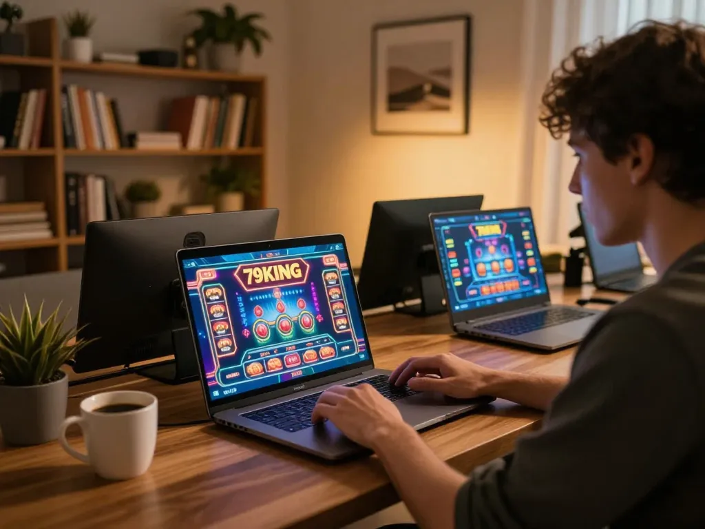 Player engaging on 79KING's online casino platform at home, showcasing excitement and gameplay.