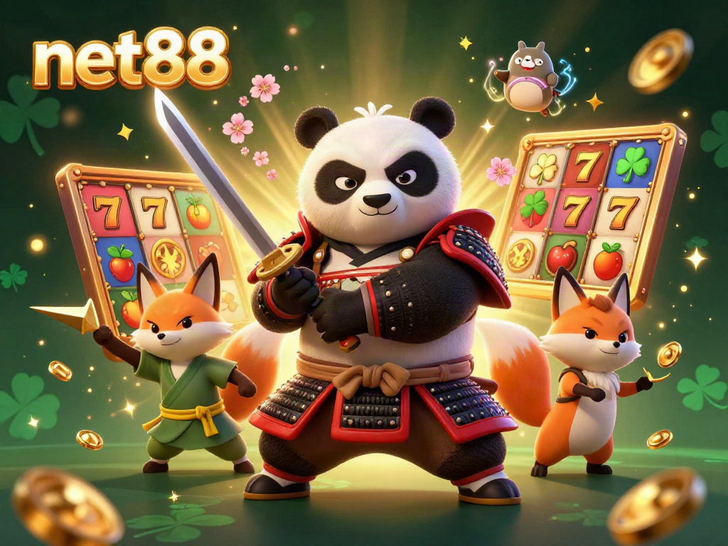 Experience thrilling gaming action at net88 with samurai panda and colorful slot machines in a vibrant scene.