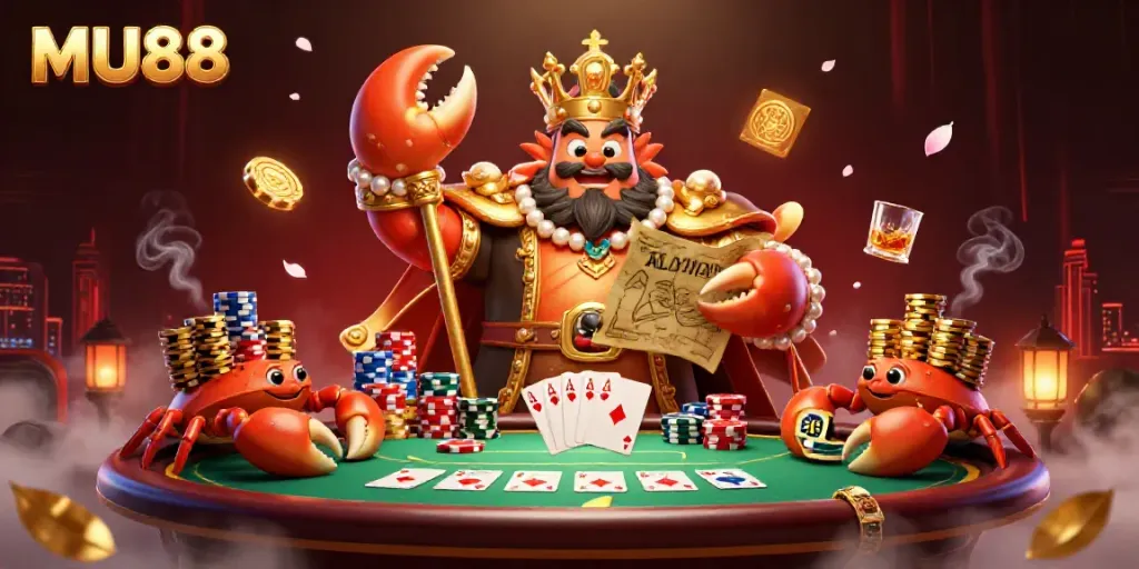 Experience thrilling gameplay at MU88 with a majestic crab emperor among vibrant casino elements.