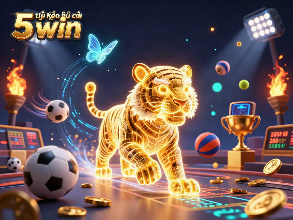 Bets thrive with tỷ lệ kèo nhà cái 5 win in a dynamic sports betting scene featuring a neon tiger and sports elements.