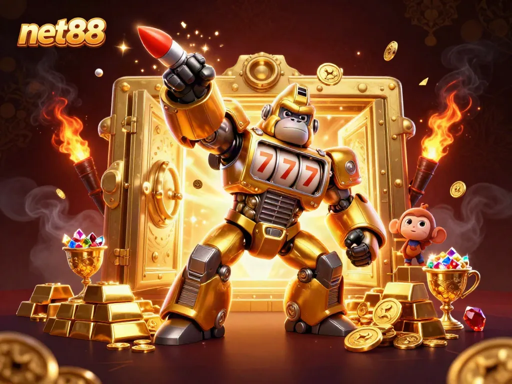 Experience net88's thrilling action with a golden mech smashing victory coins.