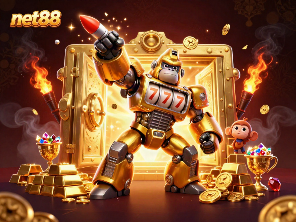 Experience net88's thrilling action with a golden mech smashing victory coins.