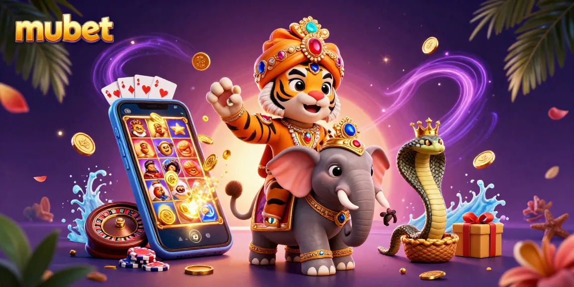 Engage with mubet's vibrant casino scene featuring a maharaja tiger, jewel-encrusted elements, and exciting slot games.