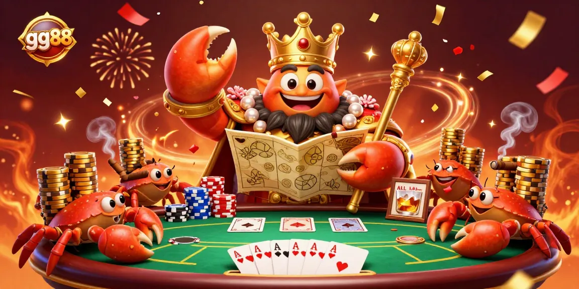 Experience GG88 with a massive golden crab emperor leading an exciting gambling scene filled with poker elements.