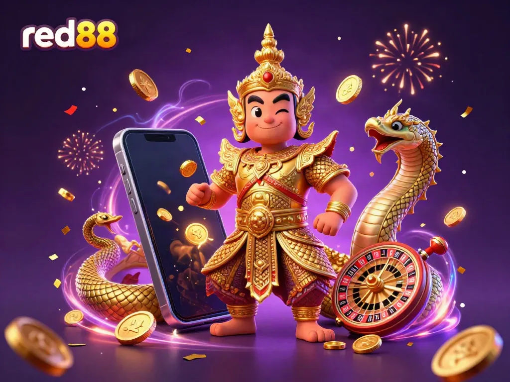 Engage with red88's vibrant casino experience featuring a temple guardian, Naga serpents, and exciting gaming elements.