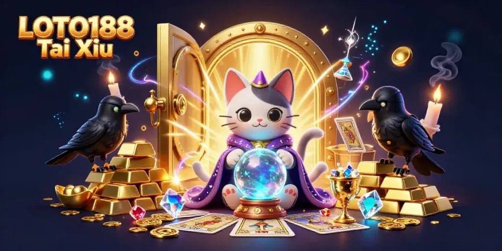 Engage in LOTO188 Tai Xiu gaming depicted with mystical characters and treasure in a vibrant setting.