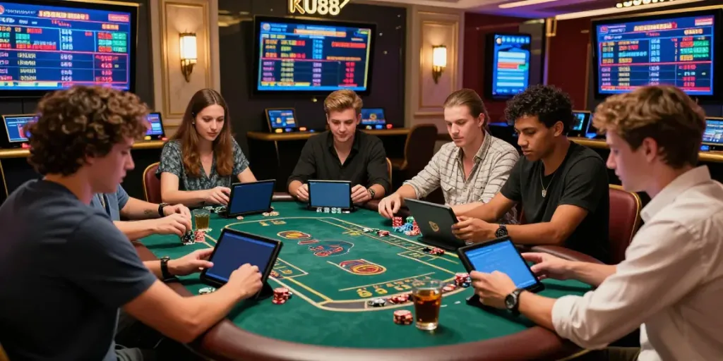 Exciting live casino experience at KU88, showcasing players engaging with digital games in a luxurious setting.