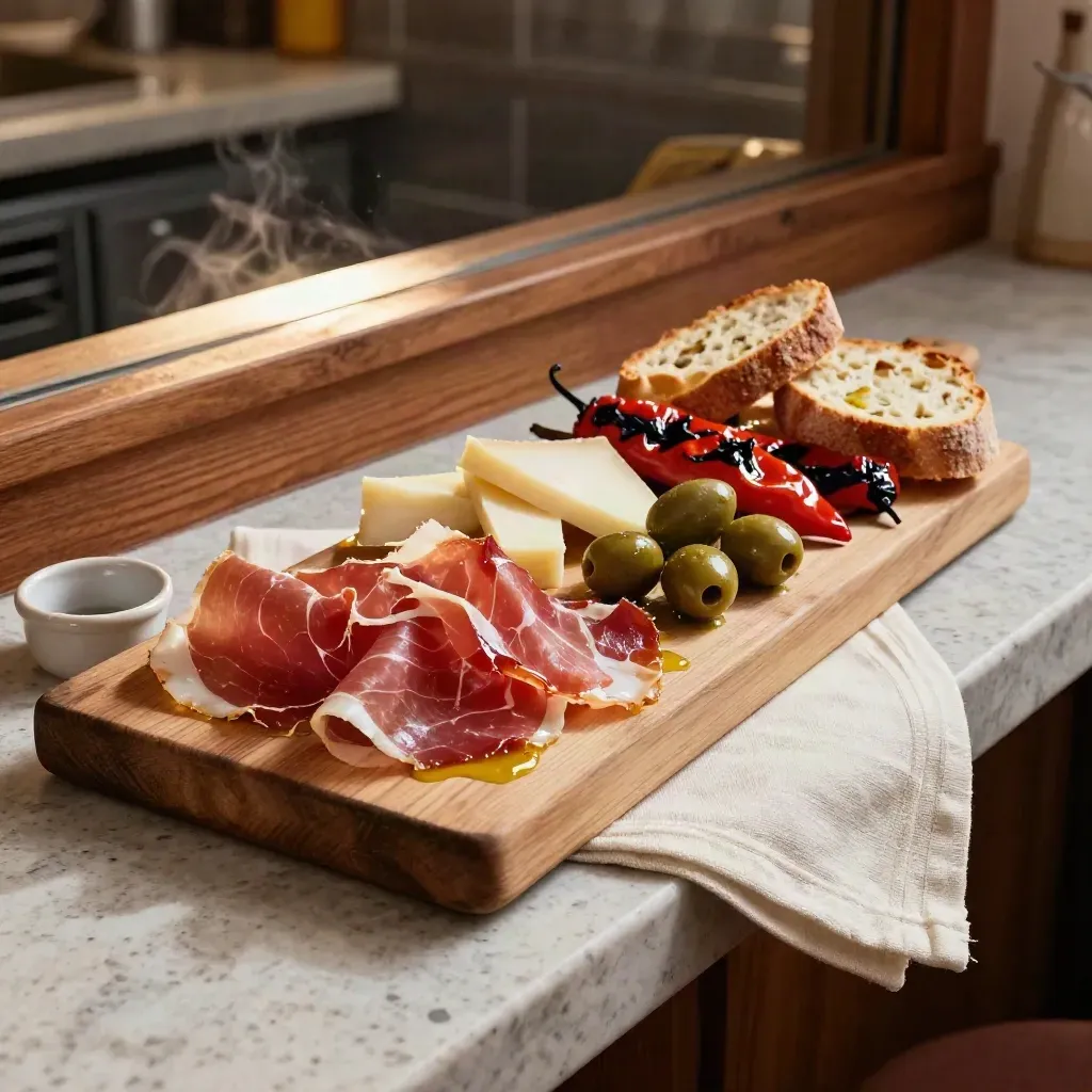 Antipasti talíř se šunkou, sýrem, olivami, pečenou zeleninou a pečivem na travertinu.