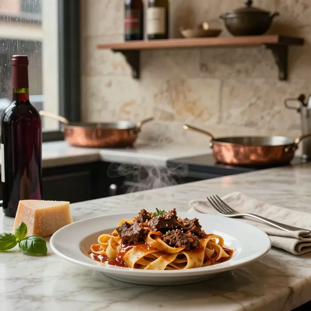 Tagliatelle s hovězím ragú na mramoru, kolem měděná pánev a bazalka v teplém světle.