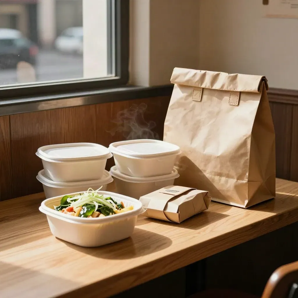 Balíček tří těstovin a salátu v takeaway tašce na lavičce v teplé restauraci.
