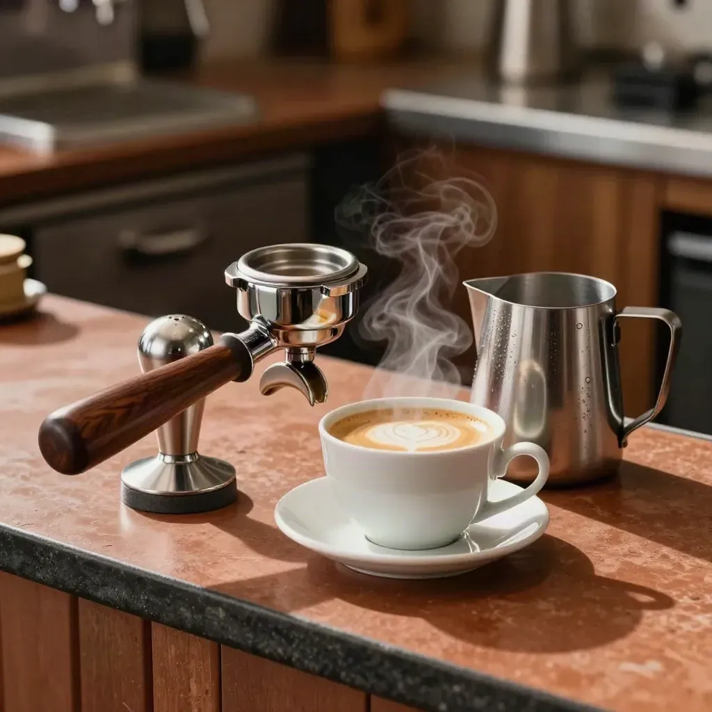 Espresso sada s portafiltrem, tamperem, šálkem crema a konvičkou na pultu.