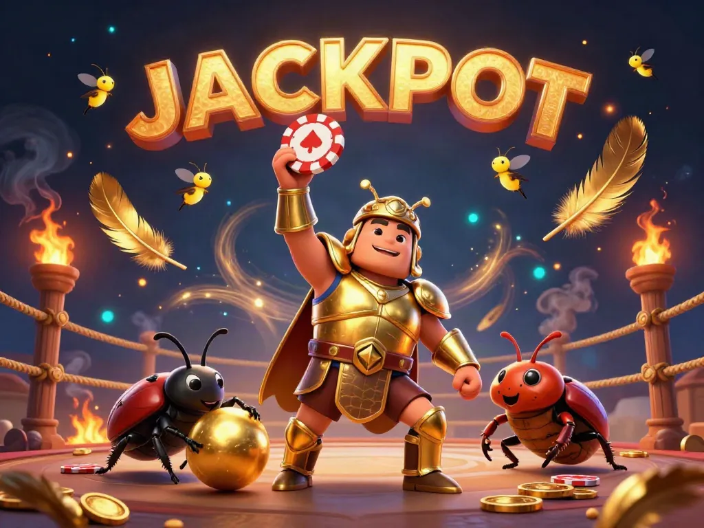 Experience the thrill at vipwin with cartoon beetles celebrating jackpot victories in a vibrant casino arena.