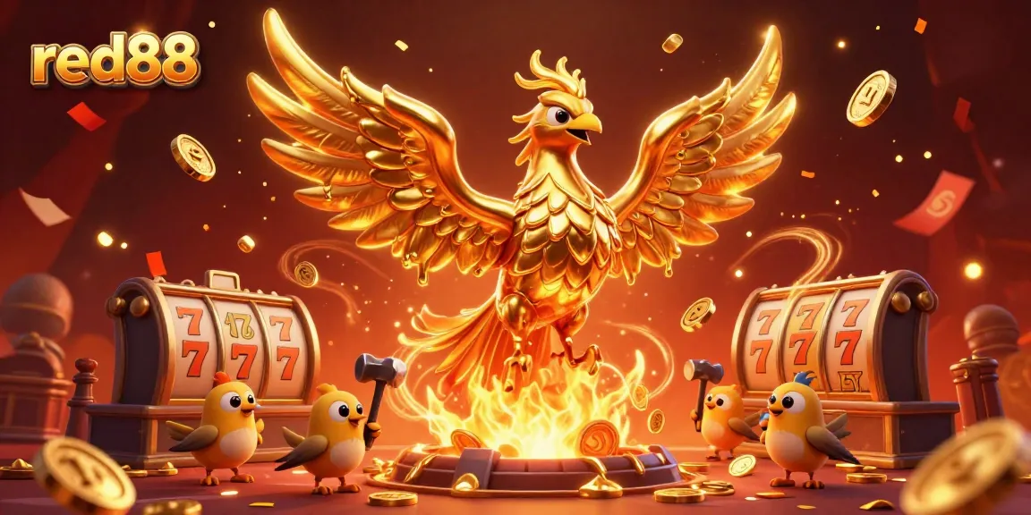 Experience the thrill of winning at red88 with the golden phoenix and casino-themed elements shining vibrantly.