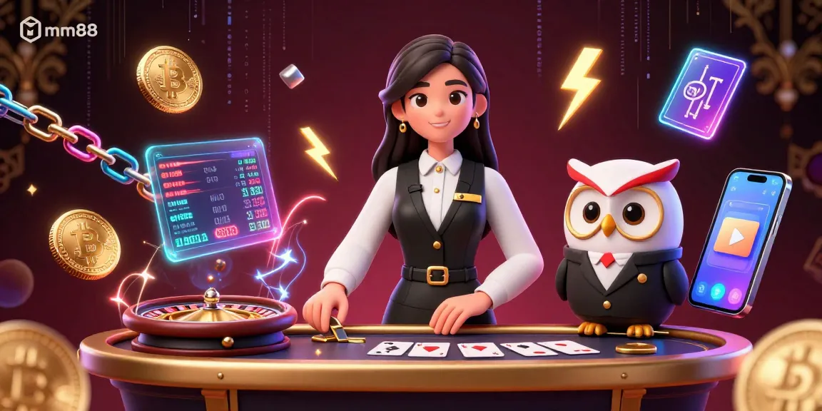 Engage with mm88's vibrant baccarat scene featuring dealers, floating cryptocurrency elements, and dynamic gaming atmosphere.