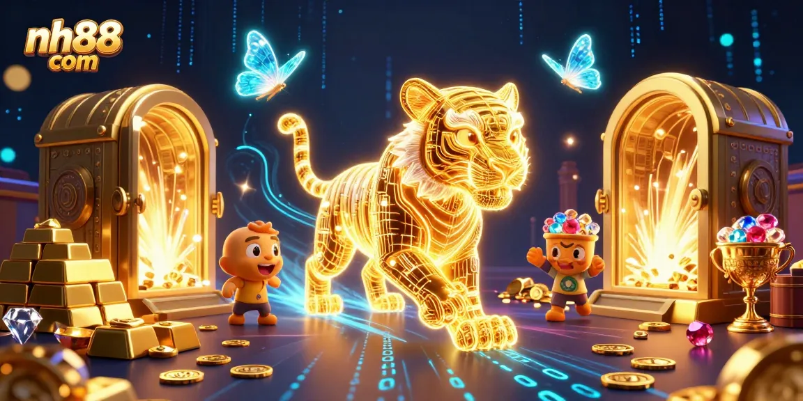 Experience the thrill at nh88 com, where the golden tiger and holographic creatures bring the casino to life in a vibrant digital world.