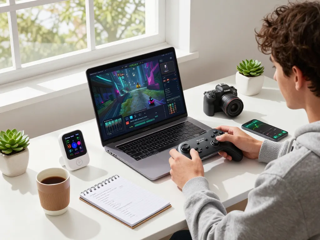 Workspace with must have tech gadgets including a laptop, gaming controller, and smart thermometer.