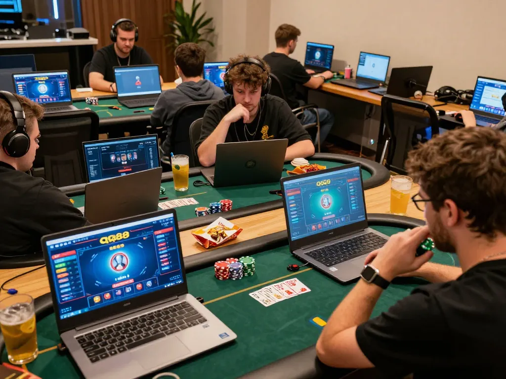 Engaged players competing in an online qq88 poker tournament with vibrant graphics and personal gaming setups.