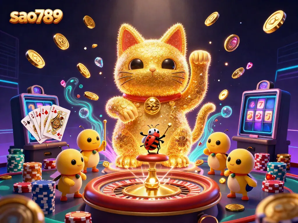 Attract new players with sao789's vibrant casino scene featuring a lucky cat and golden coins.