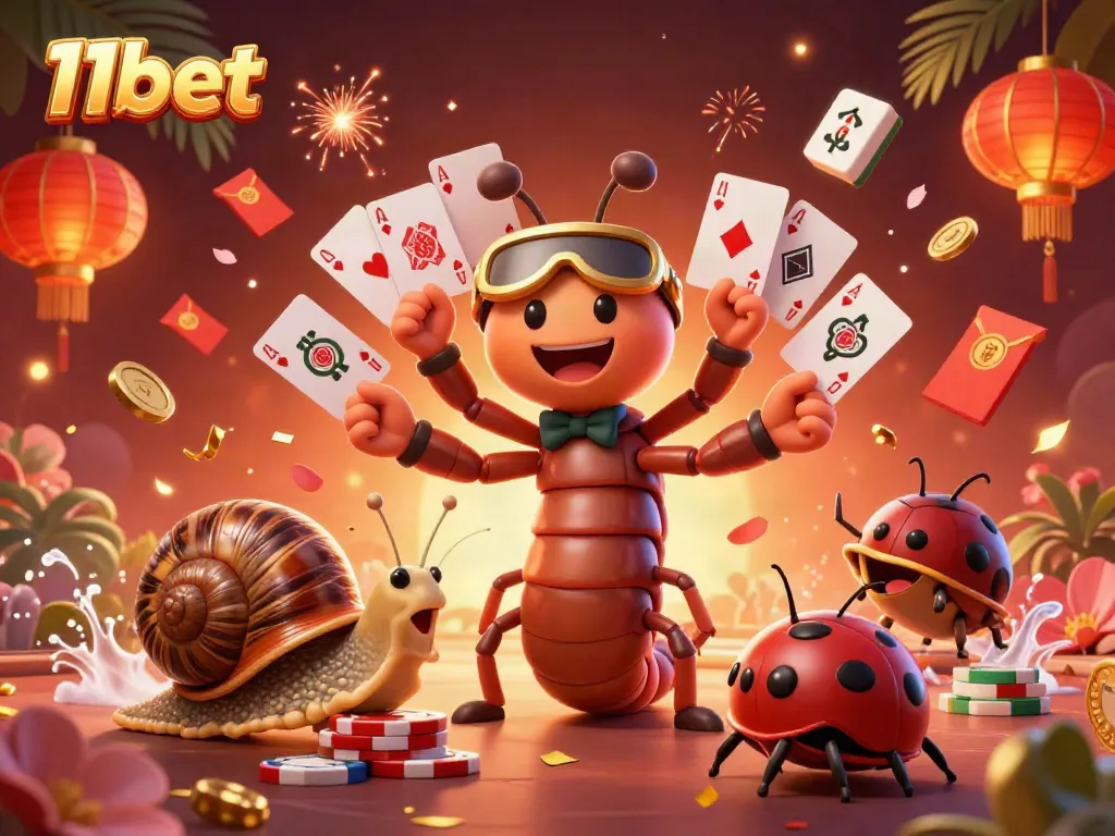 Experience thrilling gameplay at 11bet with a dynamic illustration of a casino scene featuring a millipede dealer and colorful game elements.