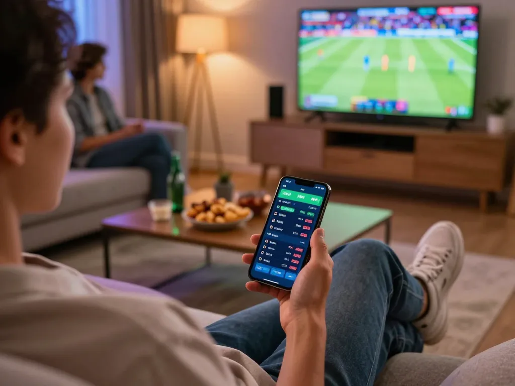 Terlibat dalam taruhan olahraga dengan rokok 88 di smartphone saat acara nonton bareng dengan teman-teman.