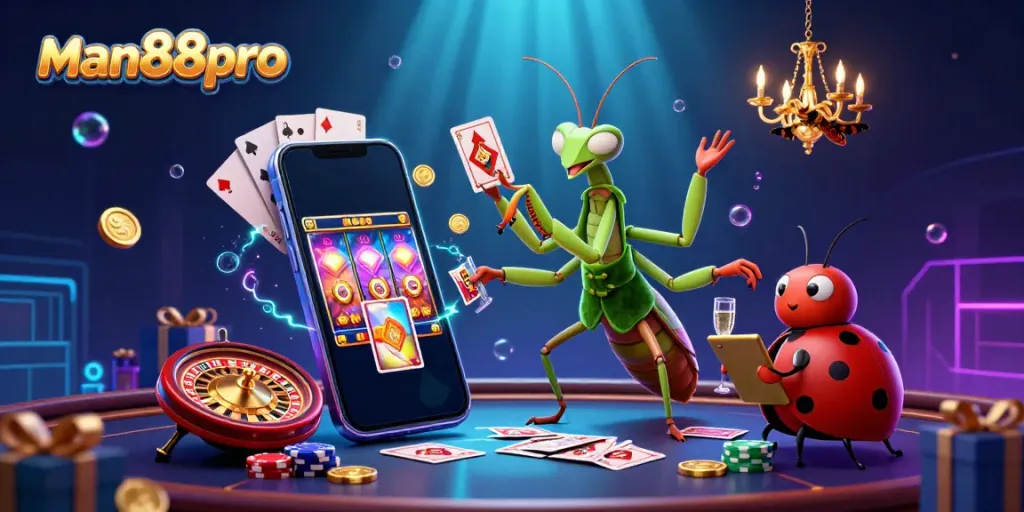 Experience excitement at man88pro with vibrant casino elements and colorful characters in a rich gaming scene.