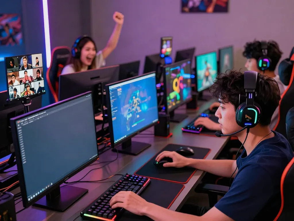 Online gamers enjoying a vibrant gaming session at https://playsv88.net/ with high-tech gear and LED lights.