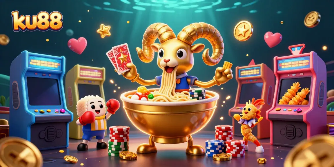Engage with fun gaming at ku88, featuring a vibrant scene with animated characters like a ramen bowl dealer.