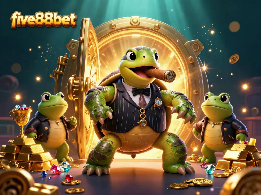 Experience five88bet's thrilling casino with cartoon characters in a vibrant treasure scene.