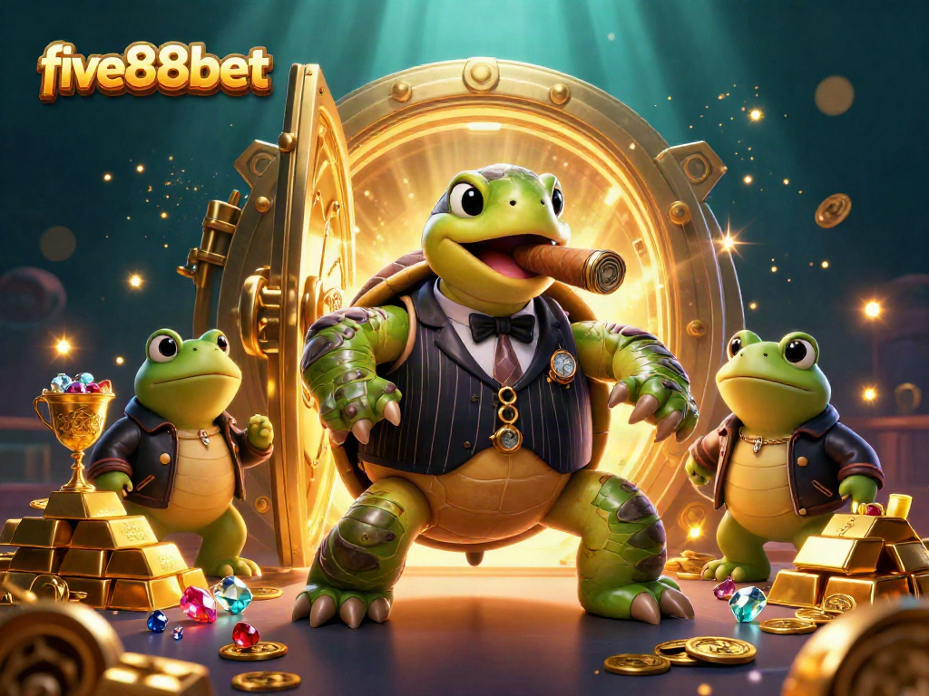 Experience five88bet's thrilling casino with cartoon characters in a vibrant treasure scene.