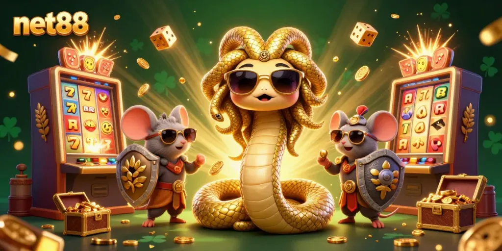 Experience the excitement of net88 casino with Medusa and a warrior mouse in a vibrant gaming scene.