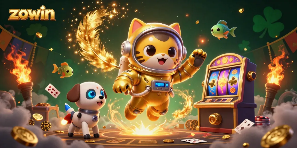 Engage with zowin in a thrilling casino adventure featuring a floating astronaut cat and dynamic gaming elements.