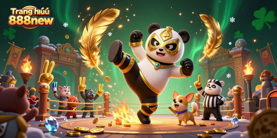 Experience the excitement at Trang chủ 888new with a vibrant 3D casino illustration featuring a wrestling panda and lively animal spectators.