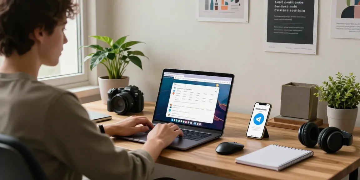 Using Telegram web version on a laptop in a modern home office.