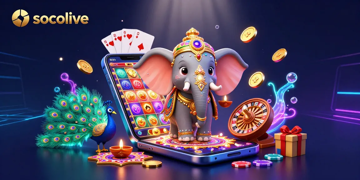 Socolive showcases a vibrant 3D casino scene featuring a Diwali-themed elephant, ideal for engaging gamblers.
