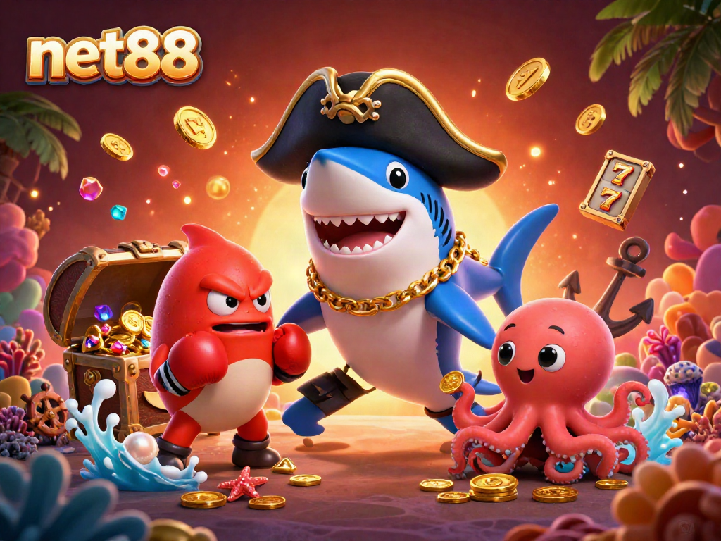 Experience thrilling gaming with net88 as a cartoon shark and friends celebrate jackpots underwater.