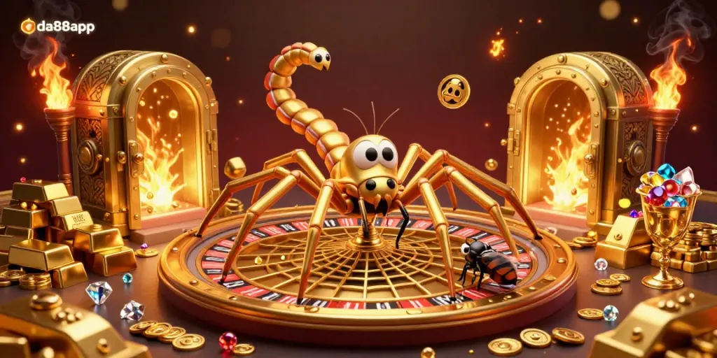 Experience thrilling bets at da88app's golden roulette wheel with a vibrant spider and centipede dealer.