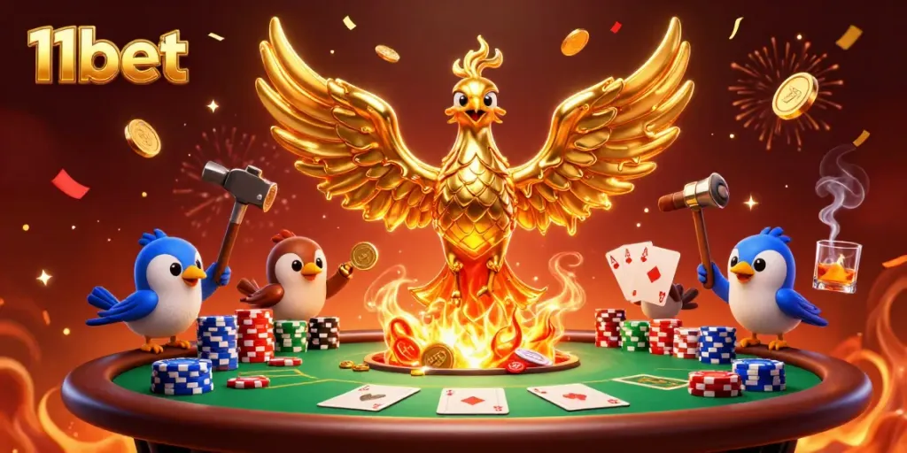 Experience the thrill of 11bet with a molten phoenix, poker tables, and festive energy.